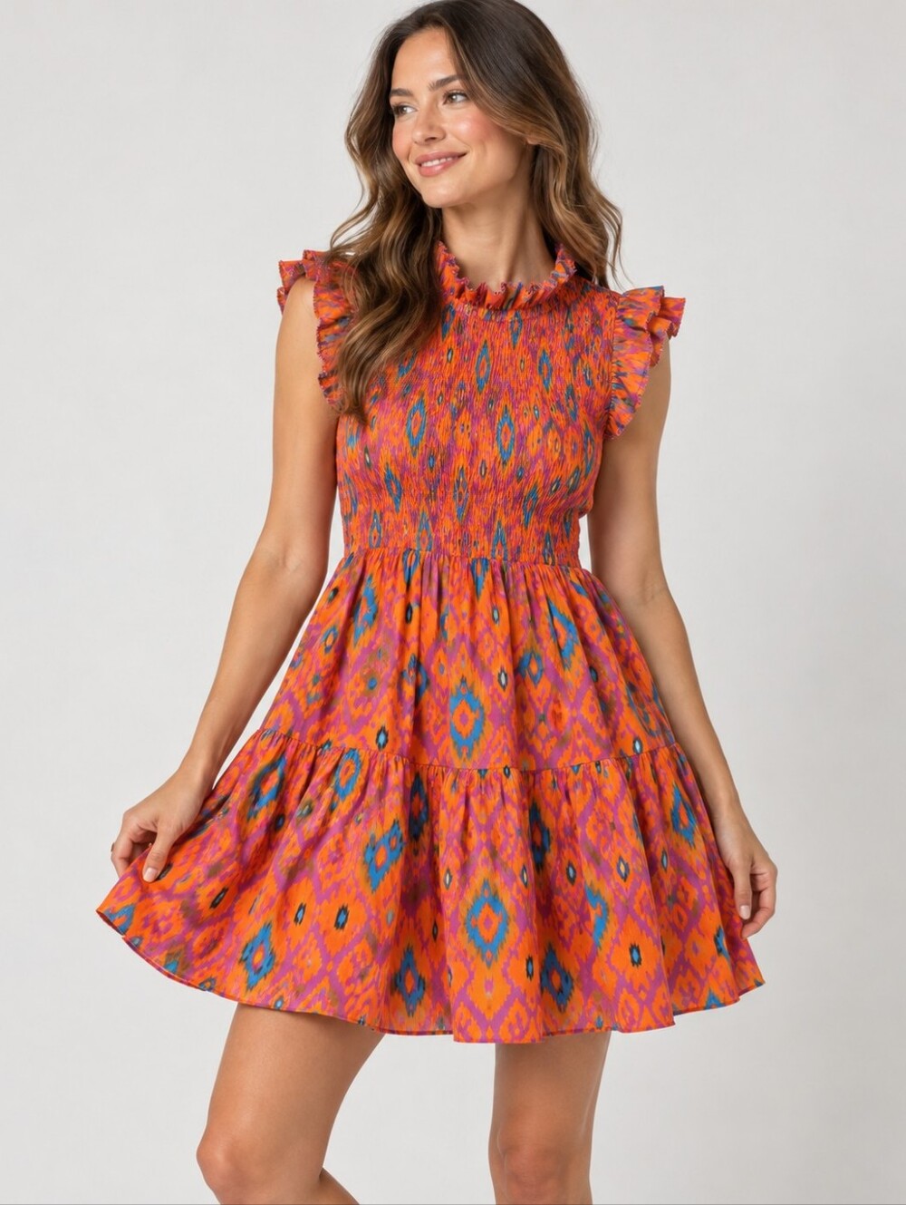 Love the Label XS Cotton Smocked Ruffle Mini Dress Multicolor Geometric
